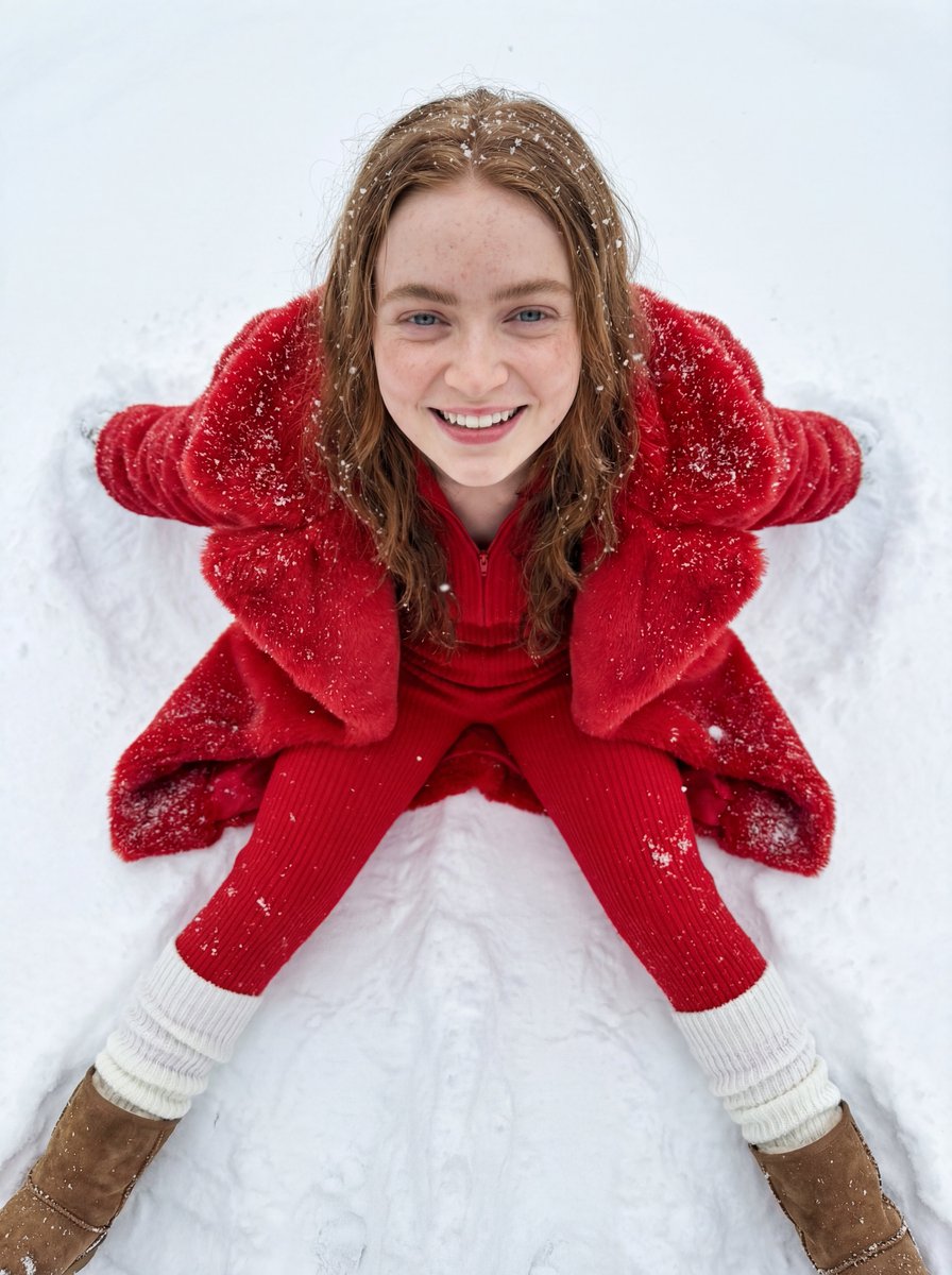 雪地红衣少女灿烂笑容超写实微距摄影 效果图