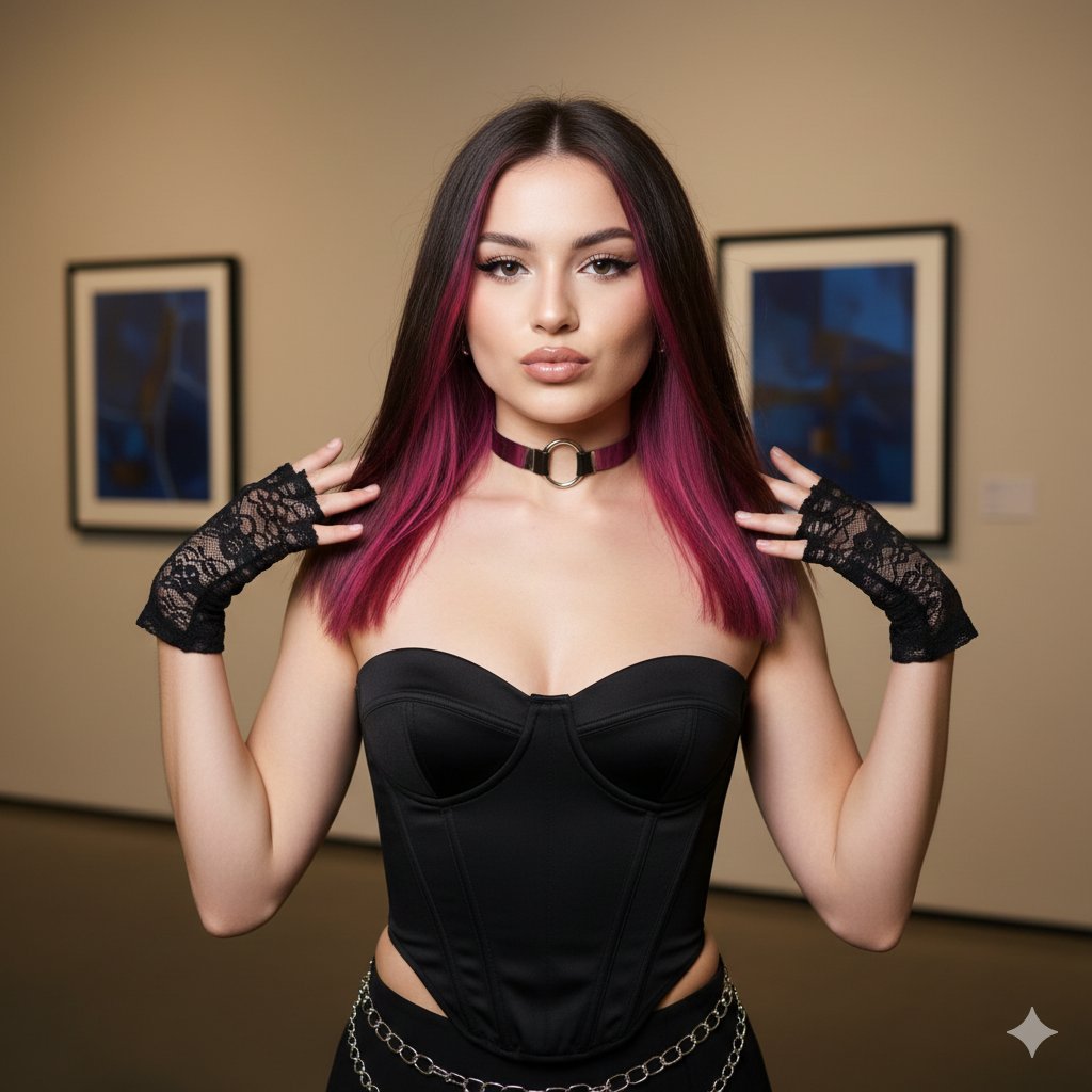 Y2K闪光灯下的电光紫发时尚辣妹 效果图