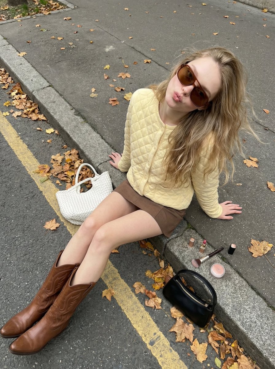 秋日街头俏皮少女，黄色开衫与长靴的时尚街拍 效果图