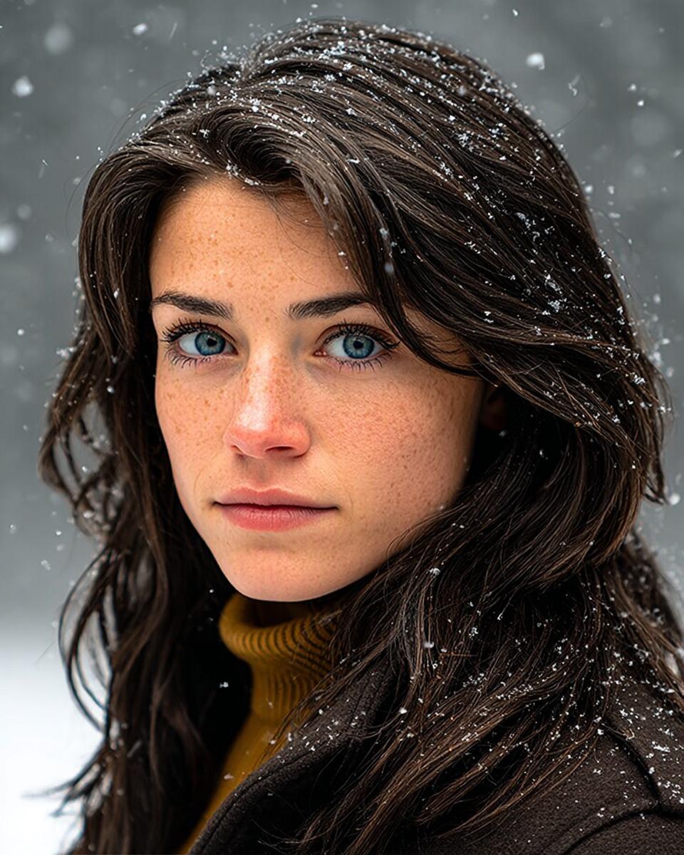 漫天飞雪中凝视深空的蓝眼少女写实人像 效果图