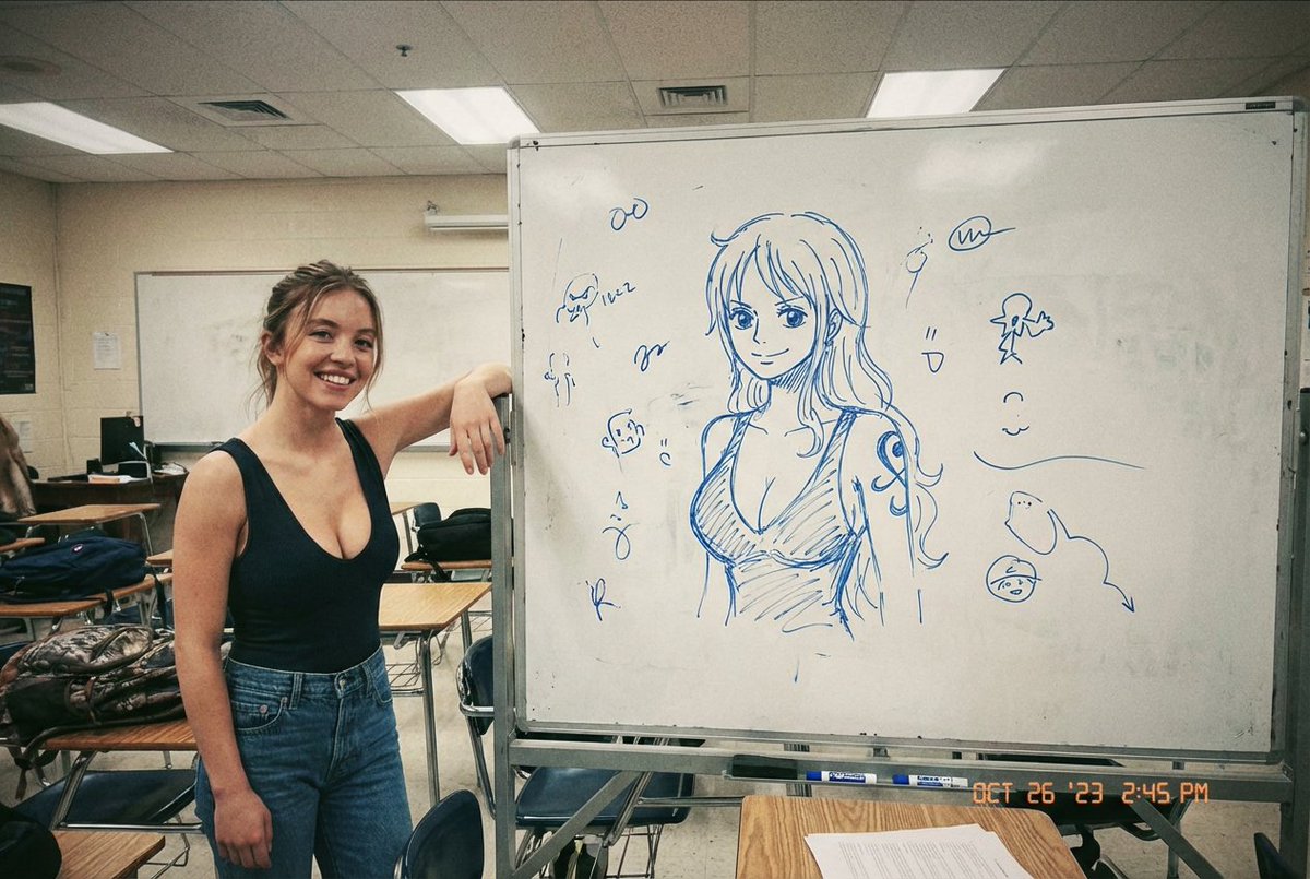 教室随手拍西德妮斯威尼展示白板娜美素描 效果图