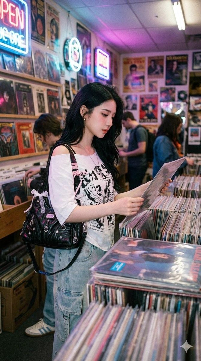 霓虹光影下的复古唱片店淘碟少女 效果图