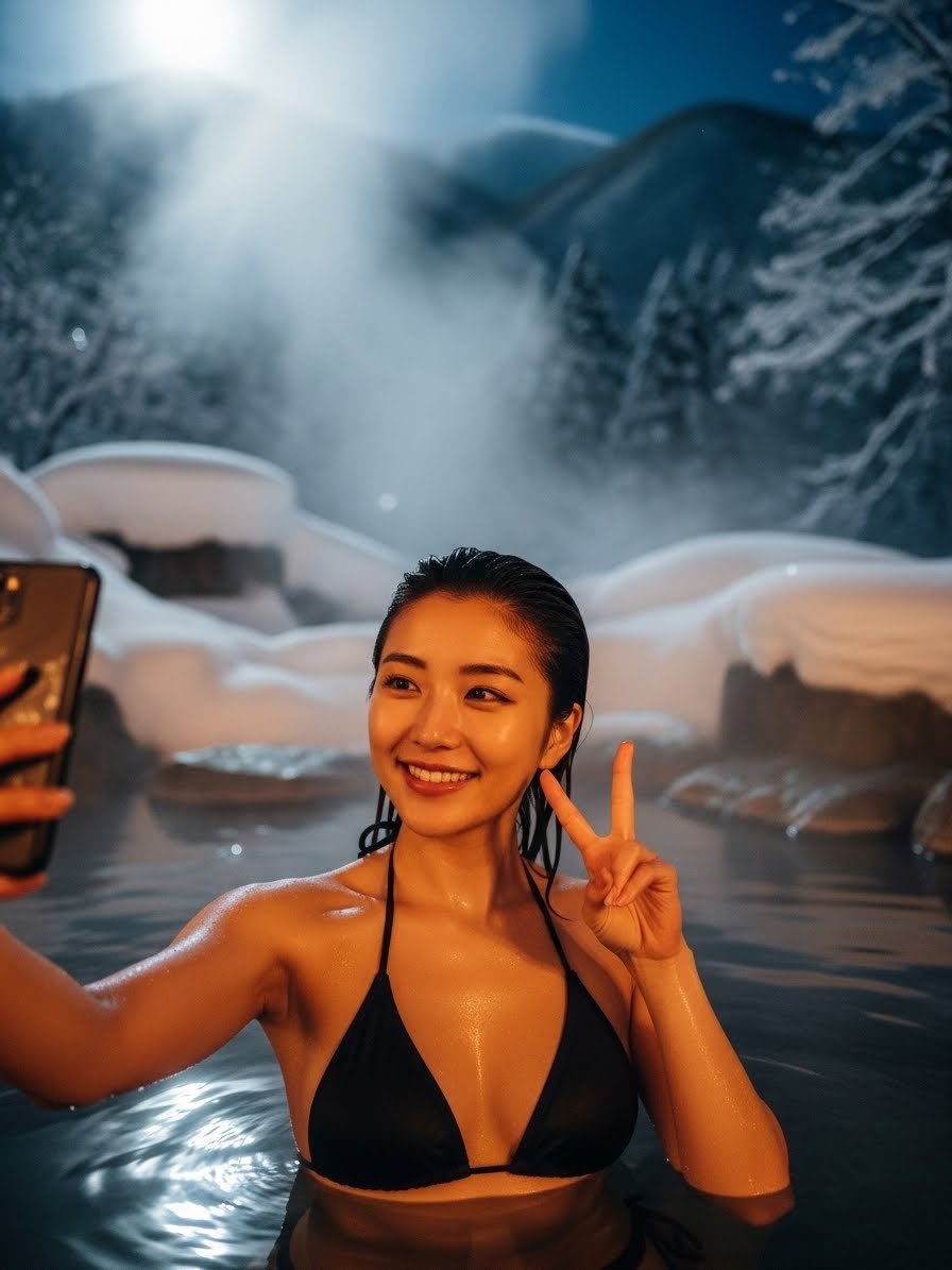 雪林深处黑比基尼日系美少女的温泉自拍 效果图