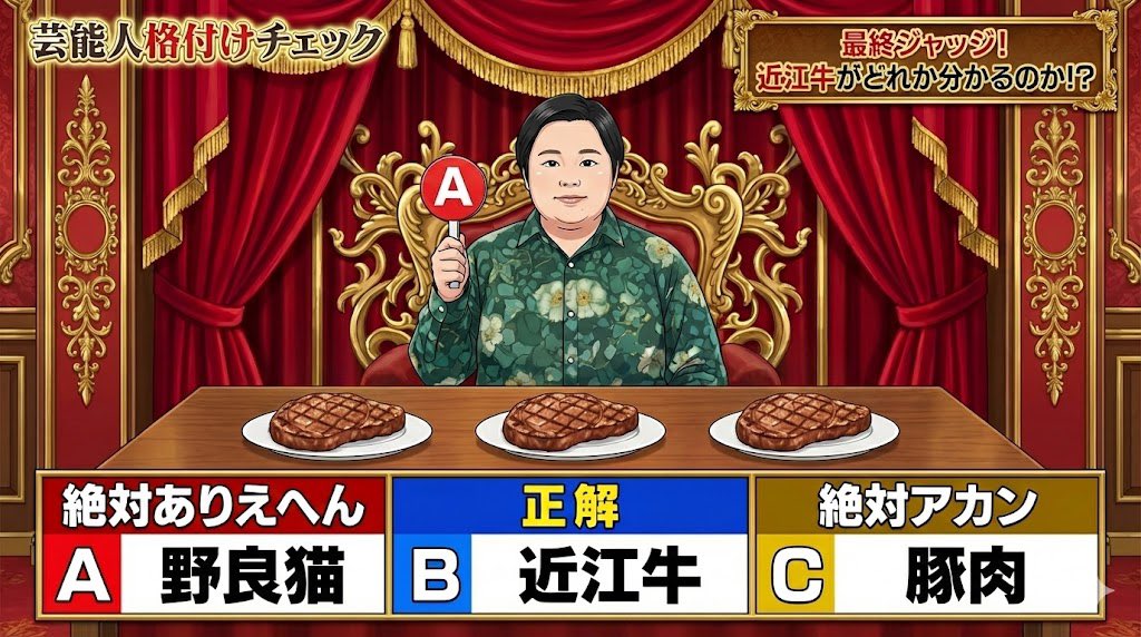日漫风综艺截图奢华演播厅鉴别顶级牛肉 效果图