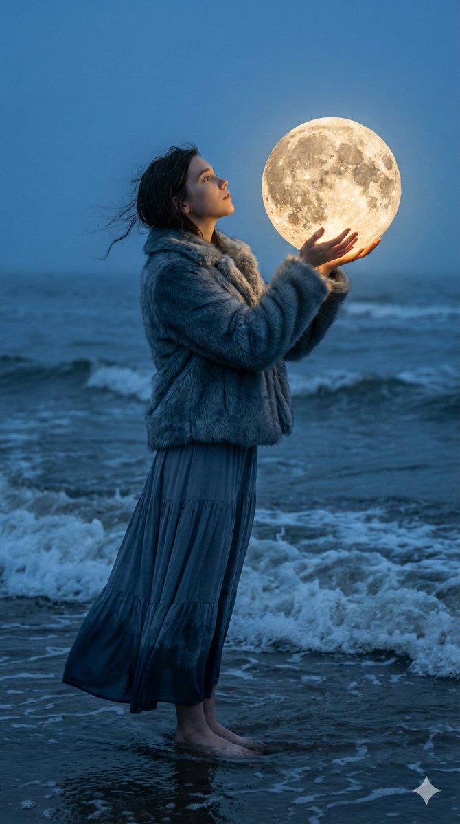 暮色海畔手捧梦幻光月的唯美侧影 效果图