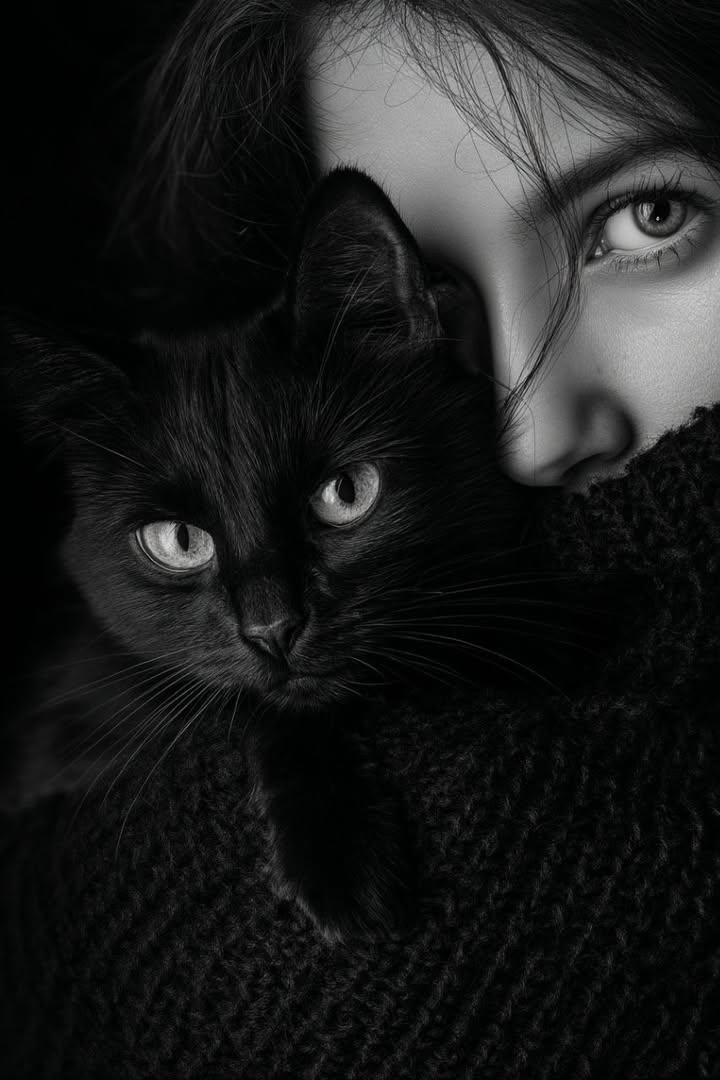 极致黑白光影下的女子与黑猫 效果图