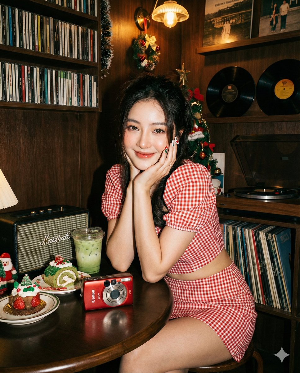 复古唱片店里的直闪 Y2K 甜美少女 效果图