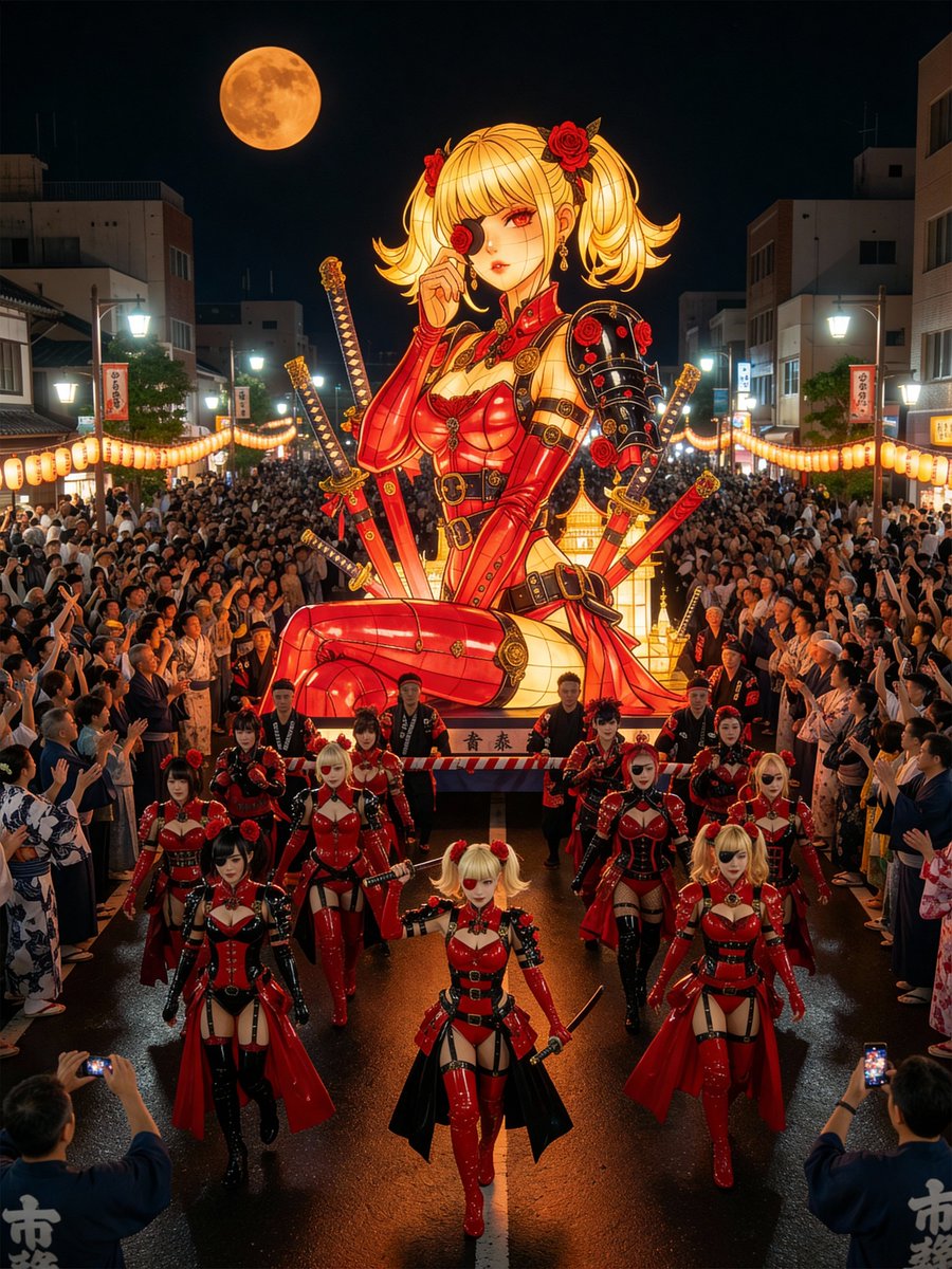 青森睡魔祭风格巨型花灯上的角色 效果图
