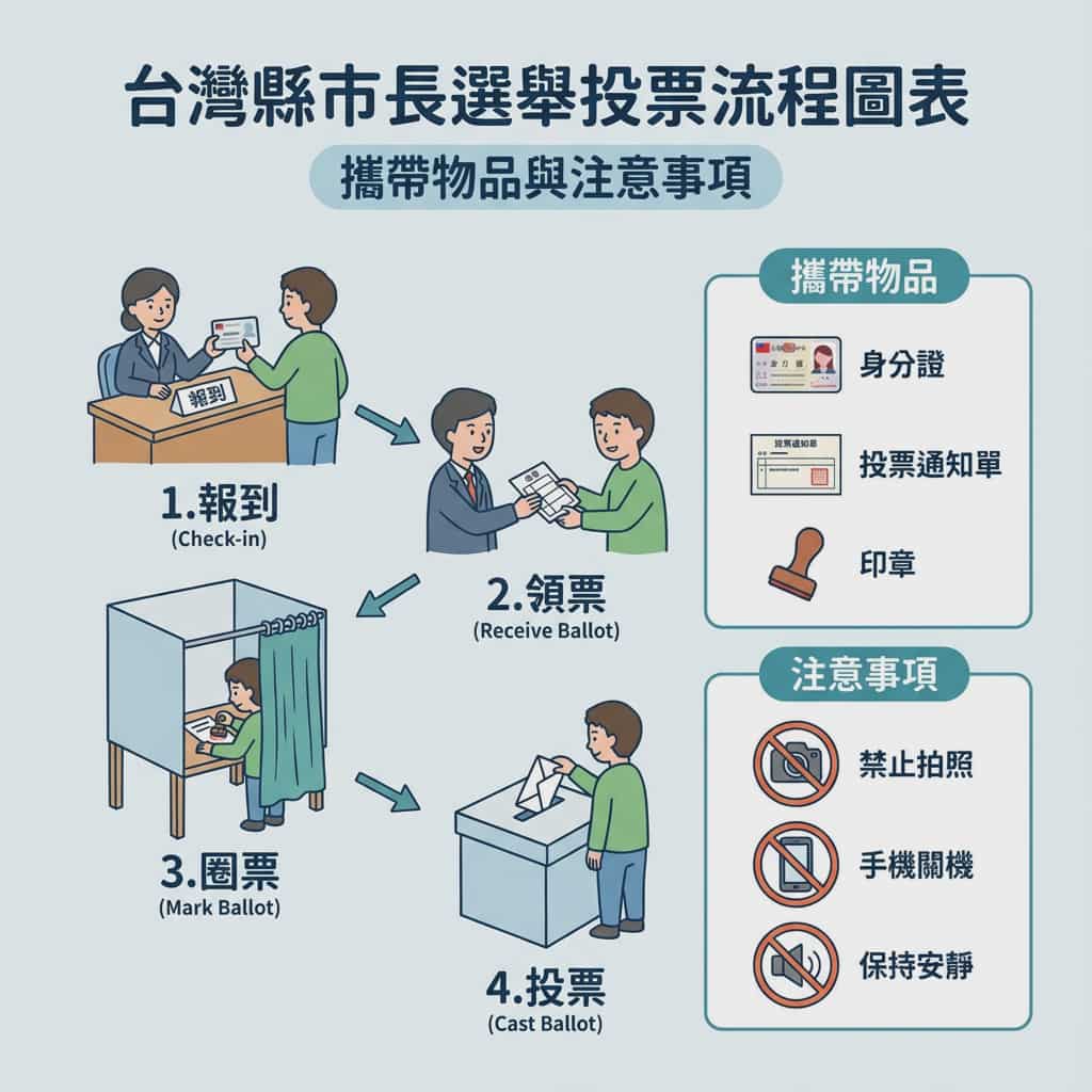 插画风格台湾县市市长选举投票指南流程图解 效果图