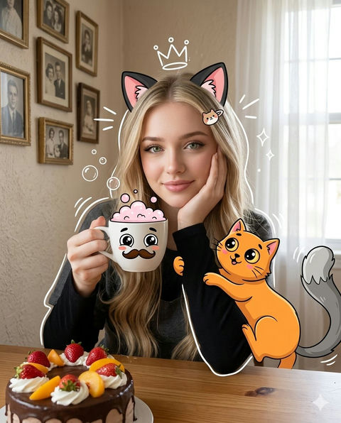 梦幻少女与卡通萌猫的温馨午后 效果图