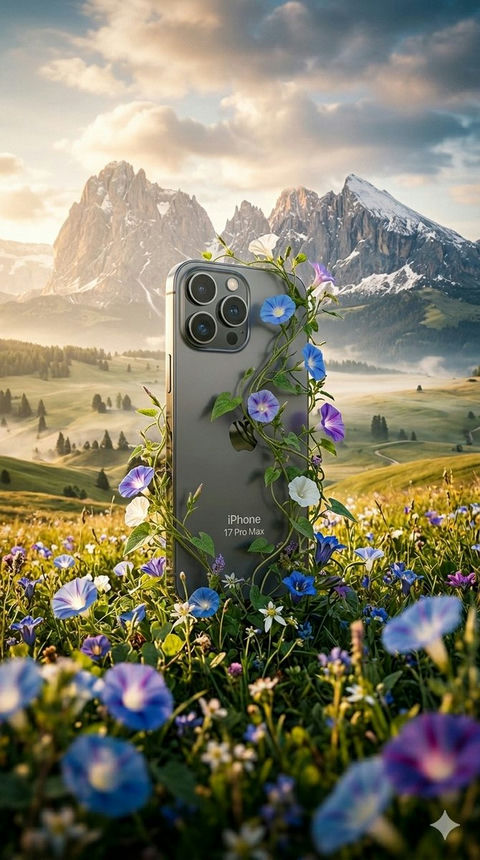 高山草甸鲜花簇拥iPhone Air超写实海报 效果图
