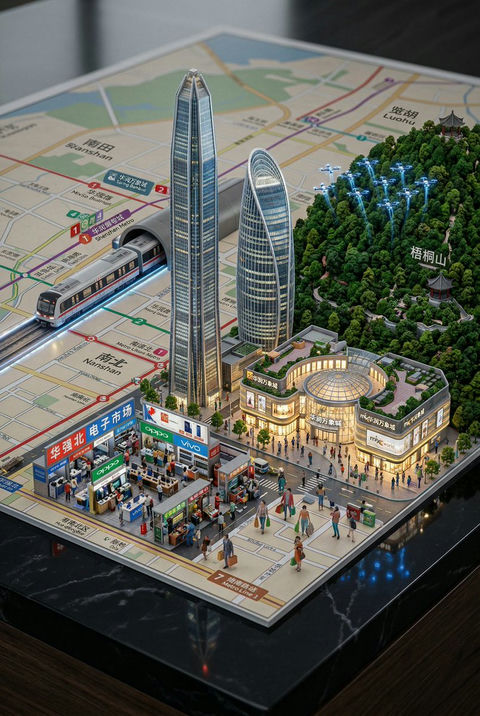 从地图拔地而起的深圳3D微缩城市景观 效果图