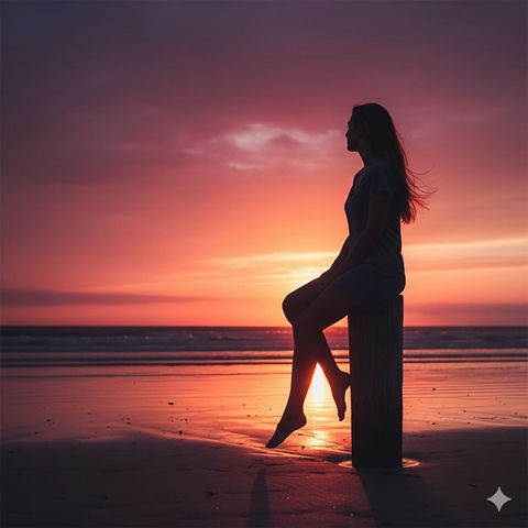 绝美夕阳下海边女子的唯美剪影 效果图