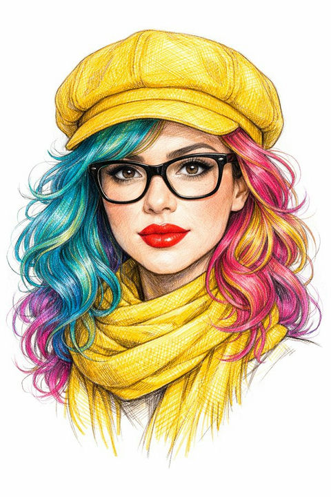 彩铅纹理时尚插画红唇少女 效果图