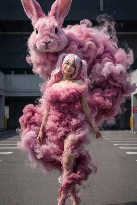 烟雾粉裙少女与巨兔 效果图