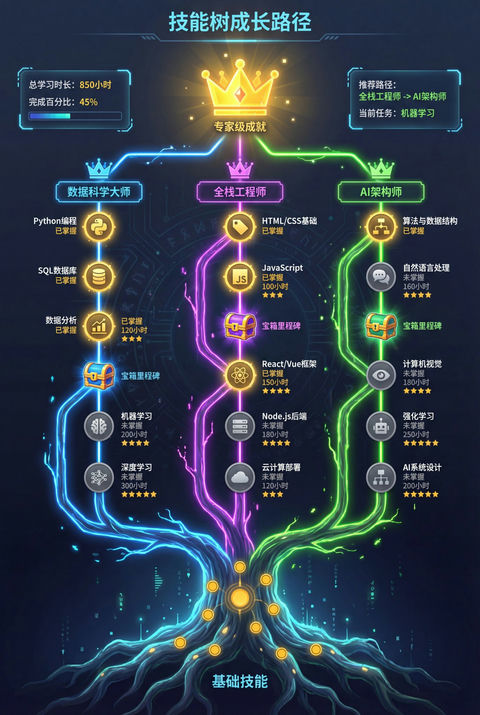 一张精美的技能树成长路径信息图 效果图