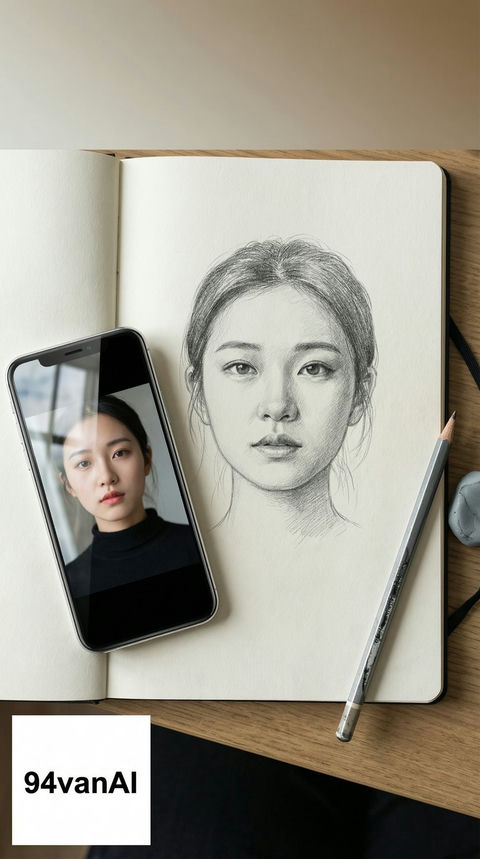 与手机原图同框的铅笔肖像 效果图