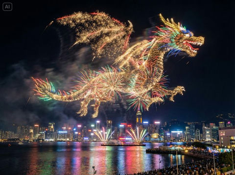 烟花在水滨城市上空勾勒出主题的形状 效果图