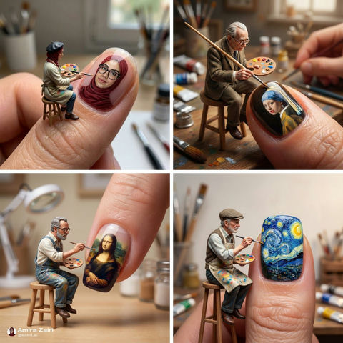 微型艺术家在巨大的人类指甲上作画 效果图
