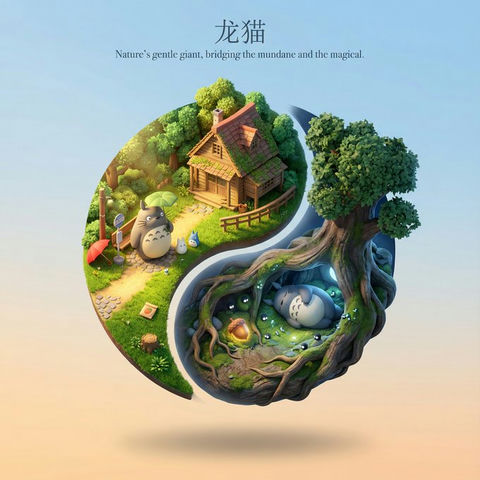 漂浮的太极可爱3D卡通立体场景 效果图