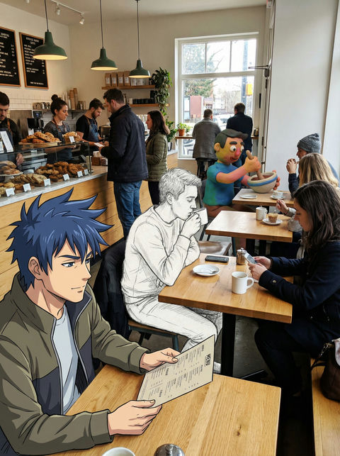 融合了动漫人物素描人物和黏土动画人物 效果图