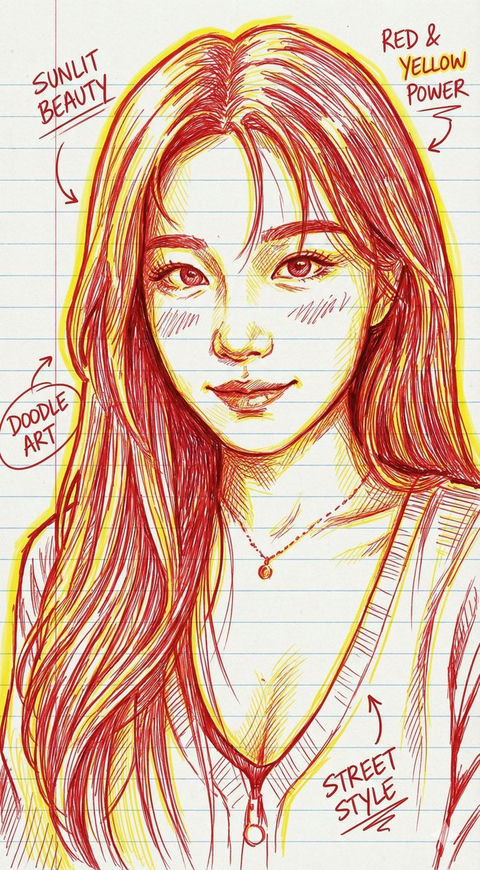 红黄两色手绘肖像画插图 效果图