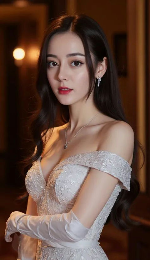 女子身穿白色露肩蕾丝婚纱 效果图