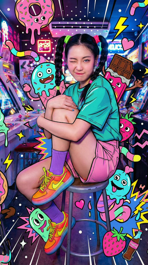 年轻女子侧坐在街机凳上 效果图