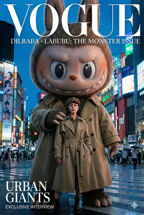 Labubu和迪丽热巴高端时尚跨页大片 效果图