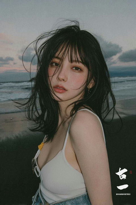 女子海边电影风格肖像照 效果图