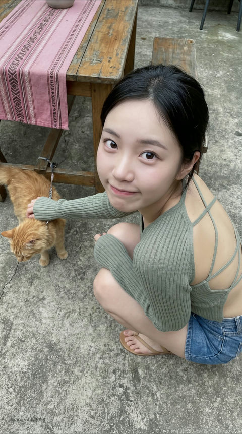 年轻的亚洲女生蹲坐在水泥地的庭院中 效果图
