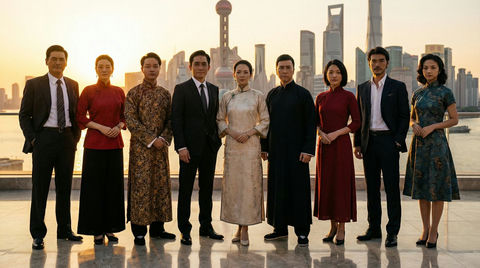 穿着成名的衣服拍合照在上海江滩
